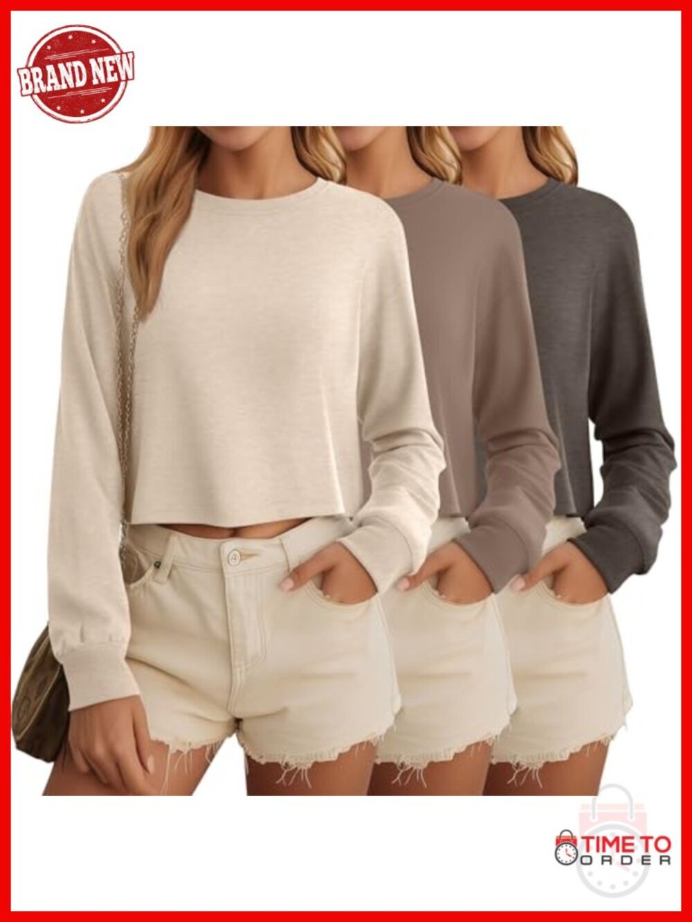 Cotton Cropped Long Sleeve Tops 3 Pack Loose Fit Crew Neck Drop Shoulder Crop